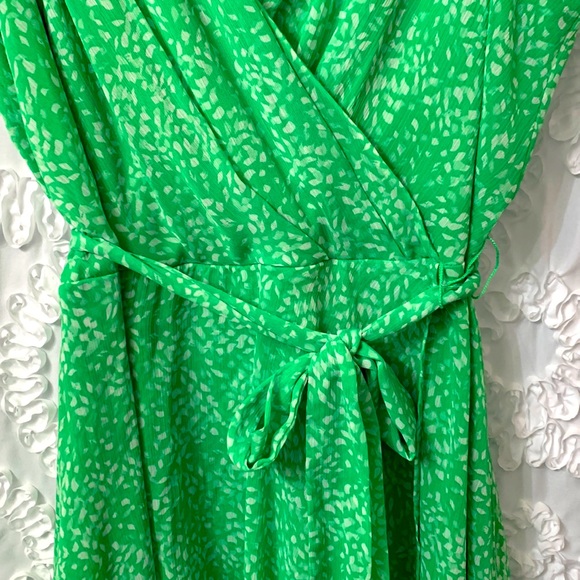 DKNY Bright Green White Lined Ruched Hi Low Lightweight Belted Zip Up Dress 16 - Picture 2 of 8